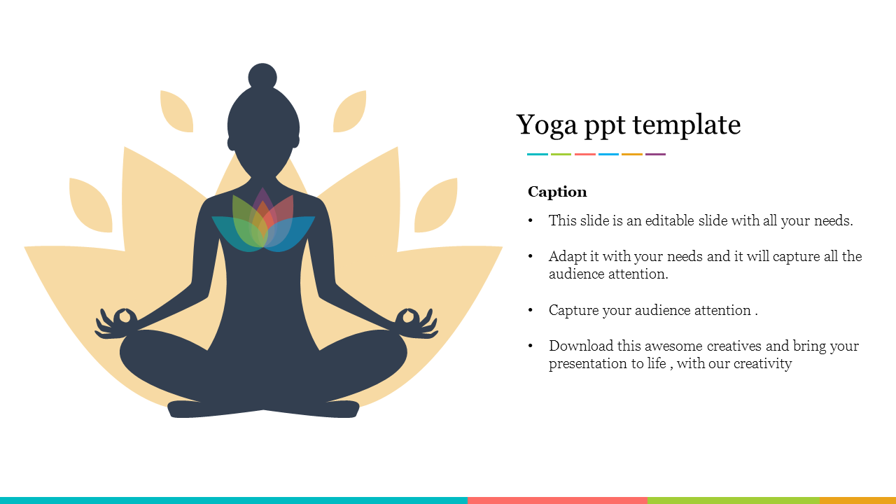 Illustration of a person in a yoga meditation pose with a colorful lotus symbol with a text caption.