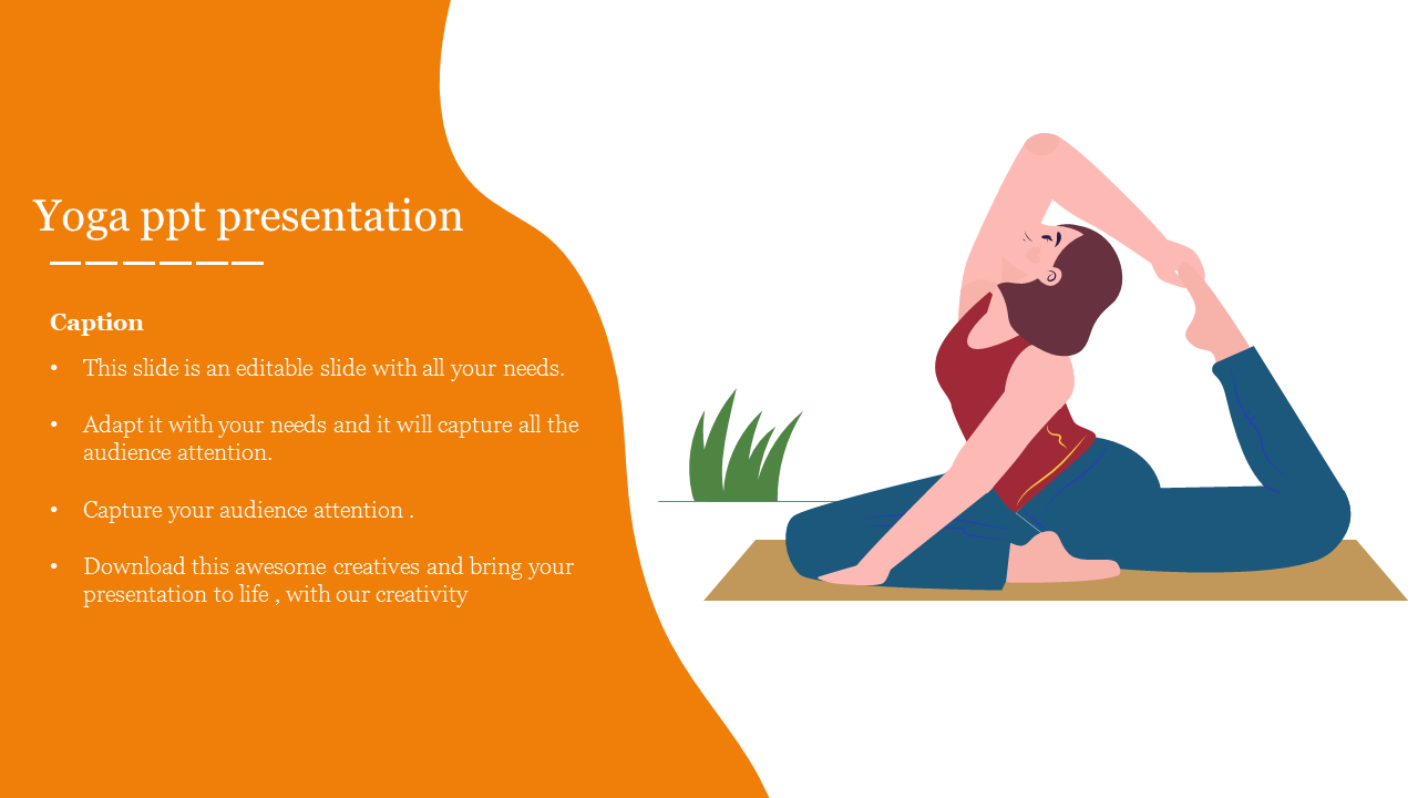 Illustration of a woman in a yoga pose on a white background, with an orange curved text section.