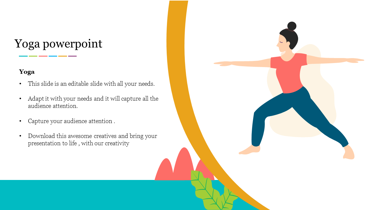 Illustration of a woman doing yoga framed with colorful line accents, curved orange and teal background elements.