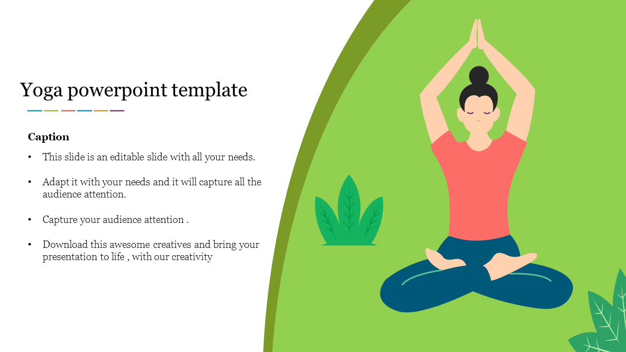 Yoga PowerPoint template with an individual practicing a seated meditation pose in a green environment with a caption.