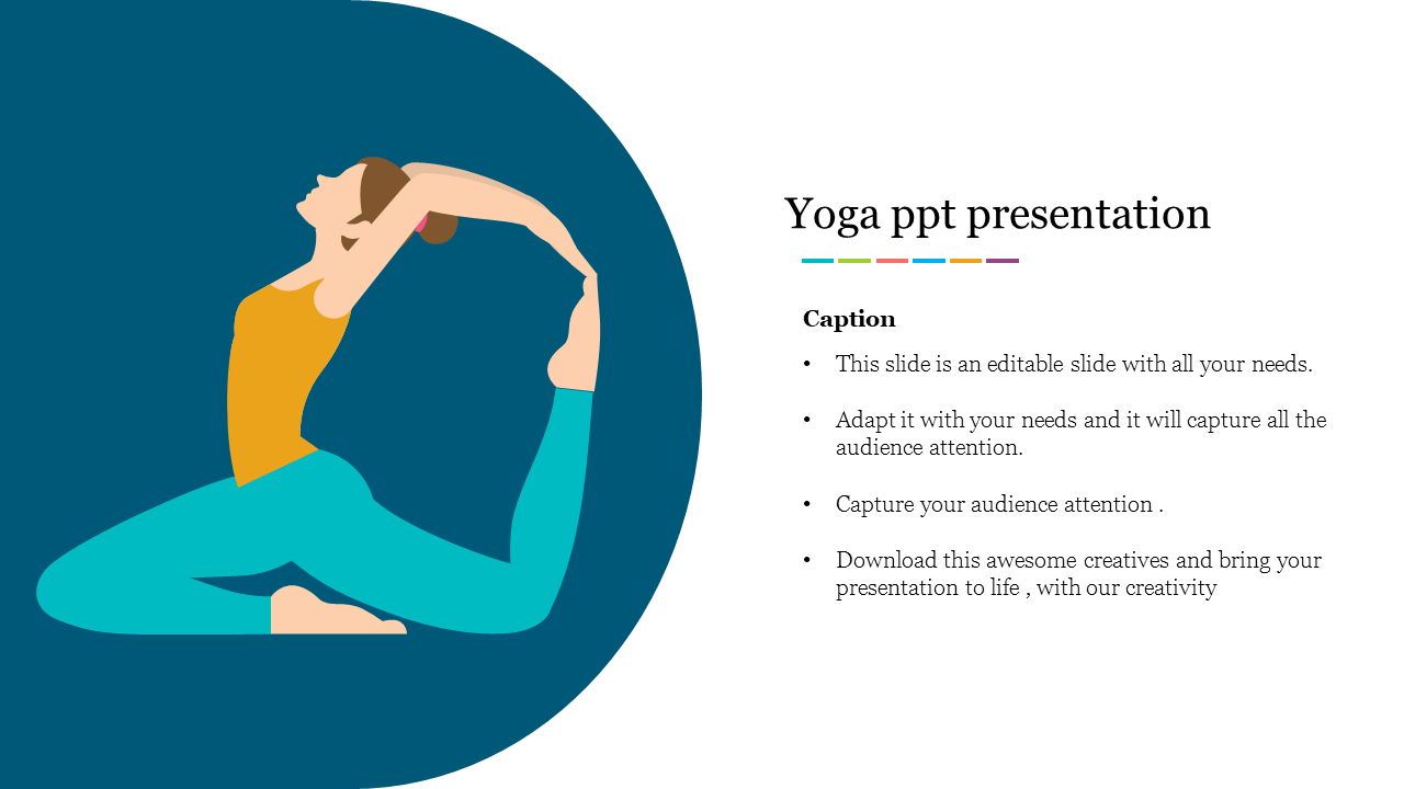 Illustration of a woman performing a yoga pose with text caption on the right on a blue and white background.