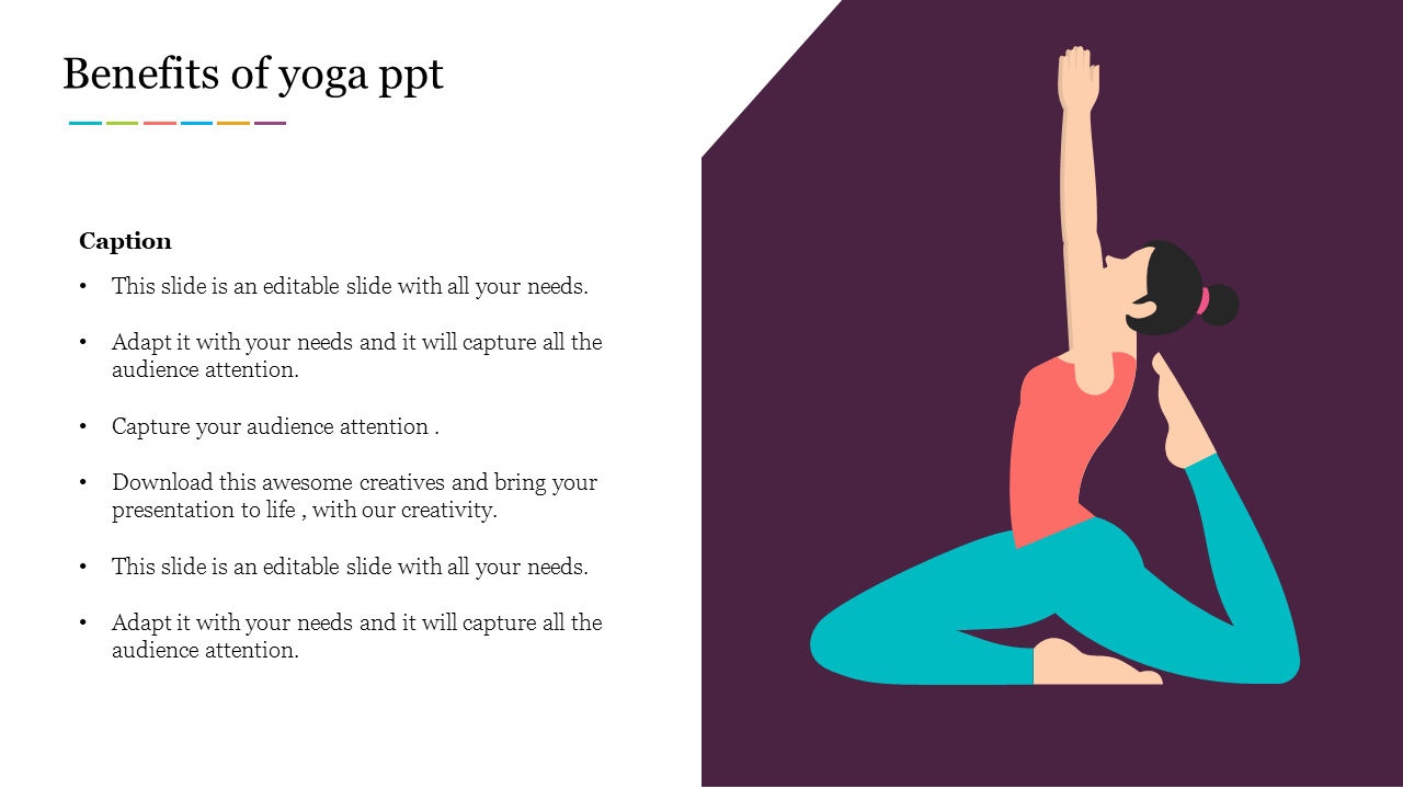 Illustration of a woman practicing yoga in a seated pose on a purple backdrop with text captions.