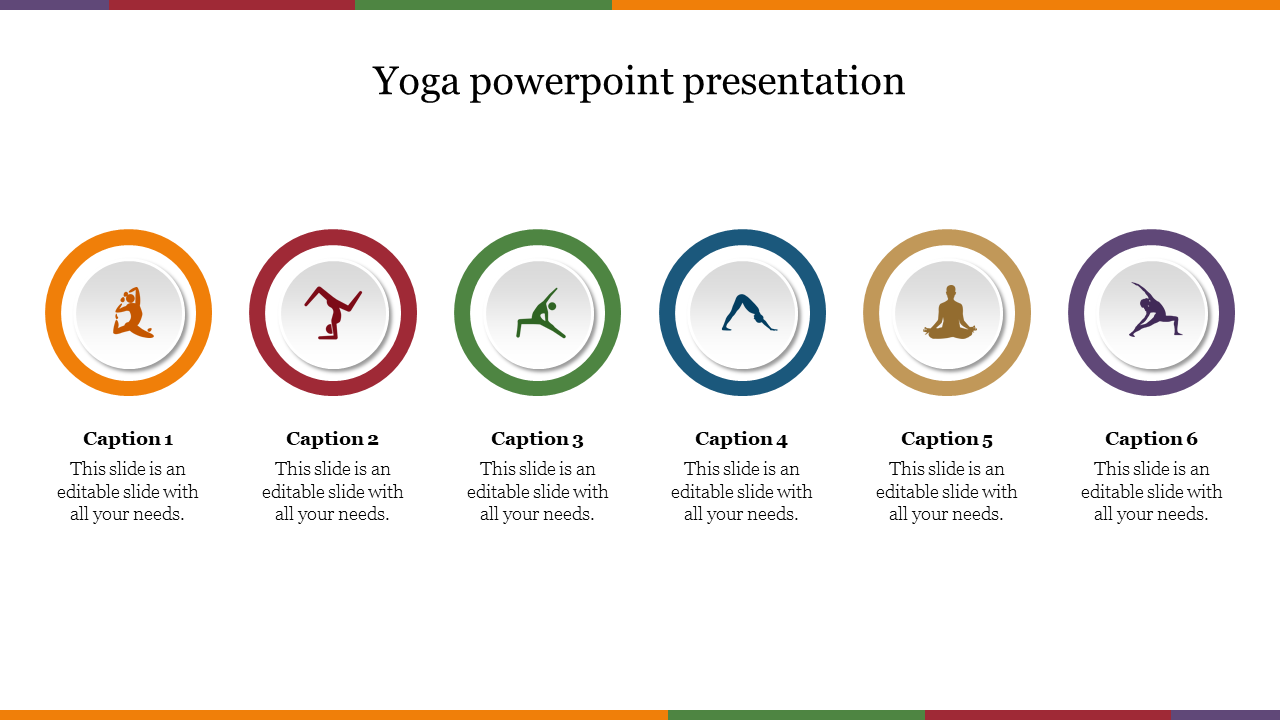 Yoga slide featuring six circular icons of various yoga poses, each with a different colored border.