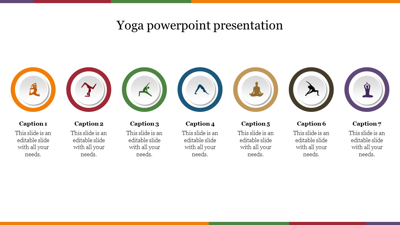 Yoga PowerPoint presentation template featuring colorful icons of various yoga poses with captions and placeholder text.