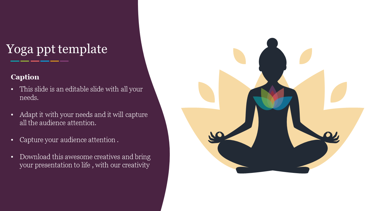 Yoga slide featuring a silhouette of a meditating person with colorful lotus petals and caption on purple and white backdrop.