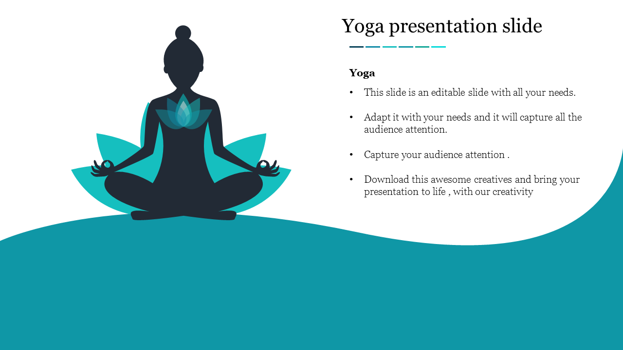 Yoga figure in lotus pose with a teal lotus flower on the chest on the left side, and a placeholder text  on the right side.