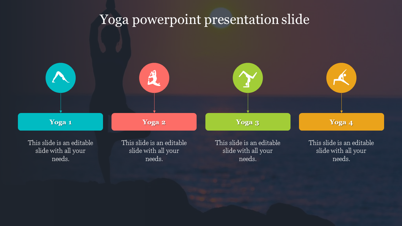 Yoga template with a sunset background, four colorful content blocks, and icons representing poses.