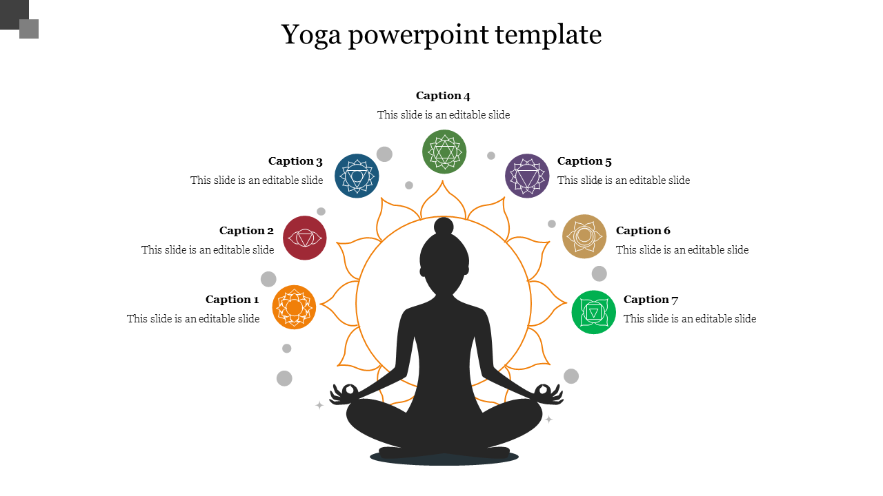 Slide with a silhouette of a person meditating, surrounded by an orange chakra symbol and seven colorful icons around it.