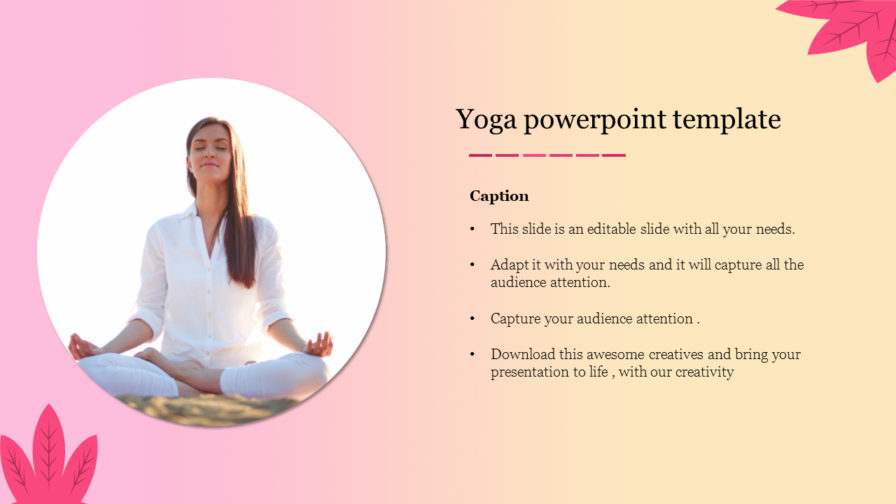 Yoga-themed  slide featuring a meditating woman against a pink gradient background with caption areas.