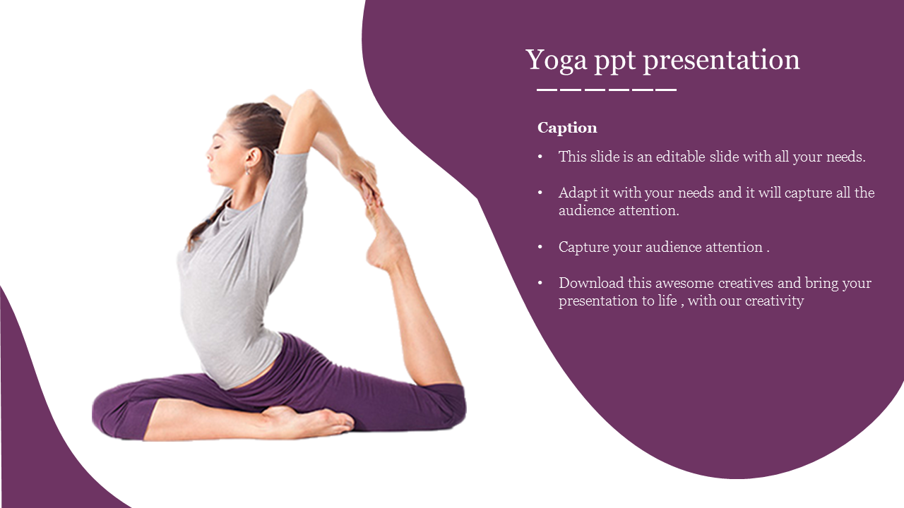 Woman doing a yoga pose on a white backdrop, with text on a curved purple background on the right.