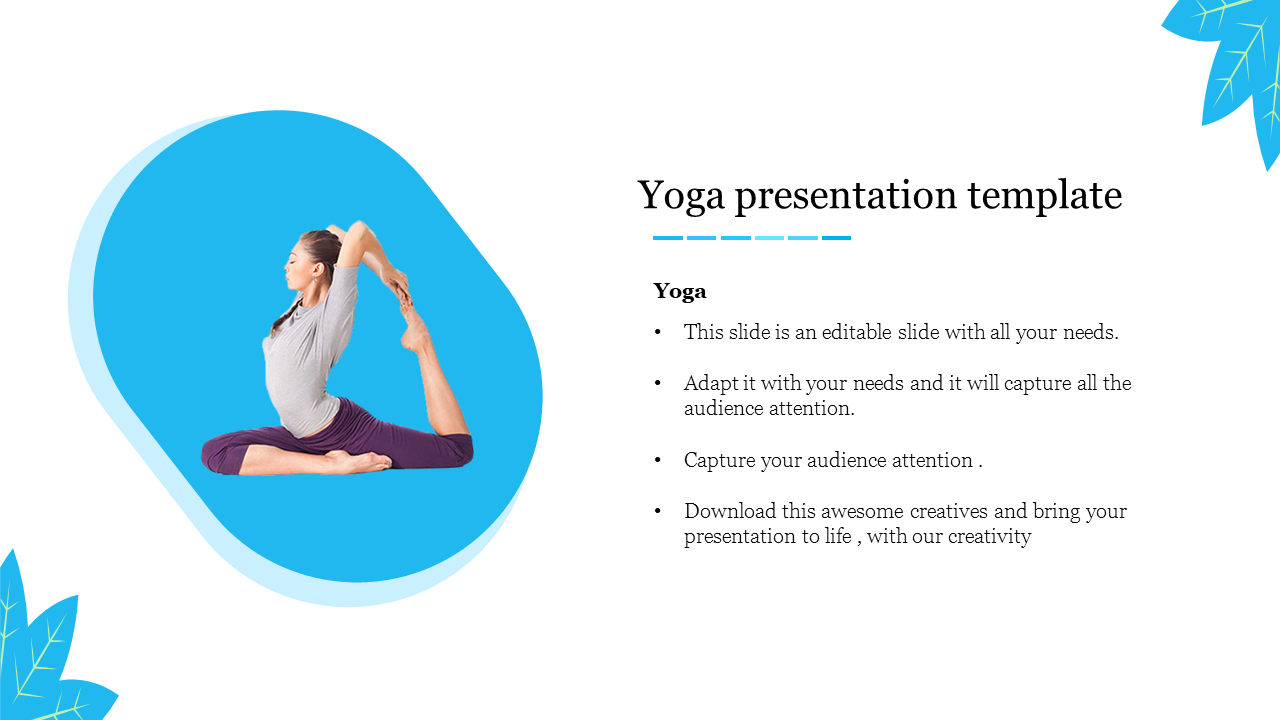 Yoga presentation slide with a woman practicing the bow pose, surrounded by a colorful background and captions.