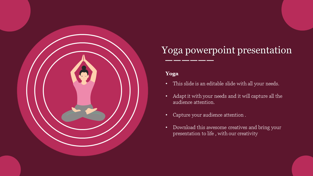 Yoga slide featuring a person in a meditative pose within concentric circles on a maroon background.