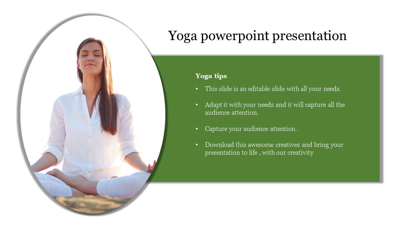 Yoga slide with an oval frame image of a meditating woman in a white outfit, and a green text box for tips.