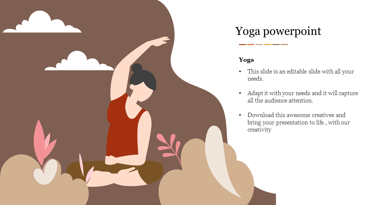 Yoga PowerPoint template with an illustrated woman in a yoga pose, set against a minimalist background and text.