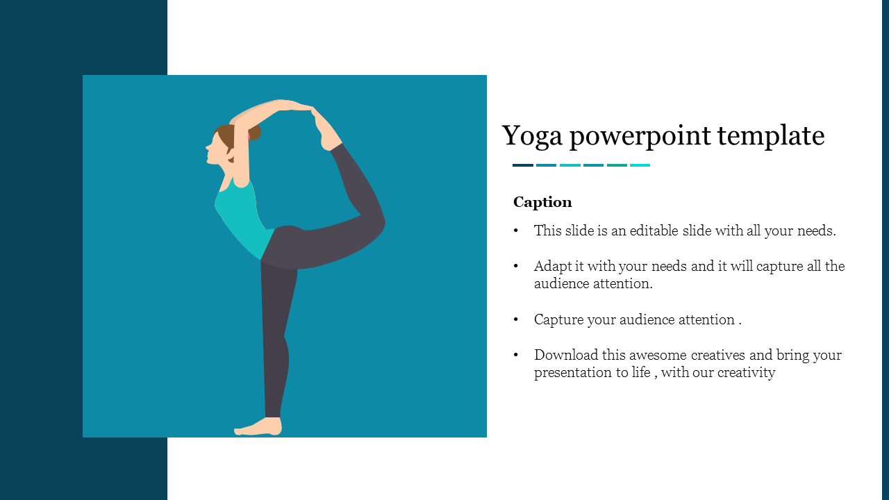 Yoga presentation template showing a dancer's pose illustration on the left and placeholder text on the right.