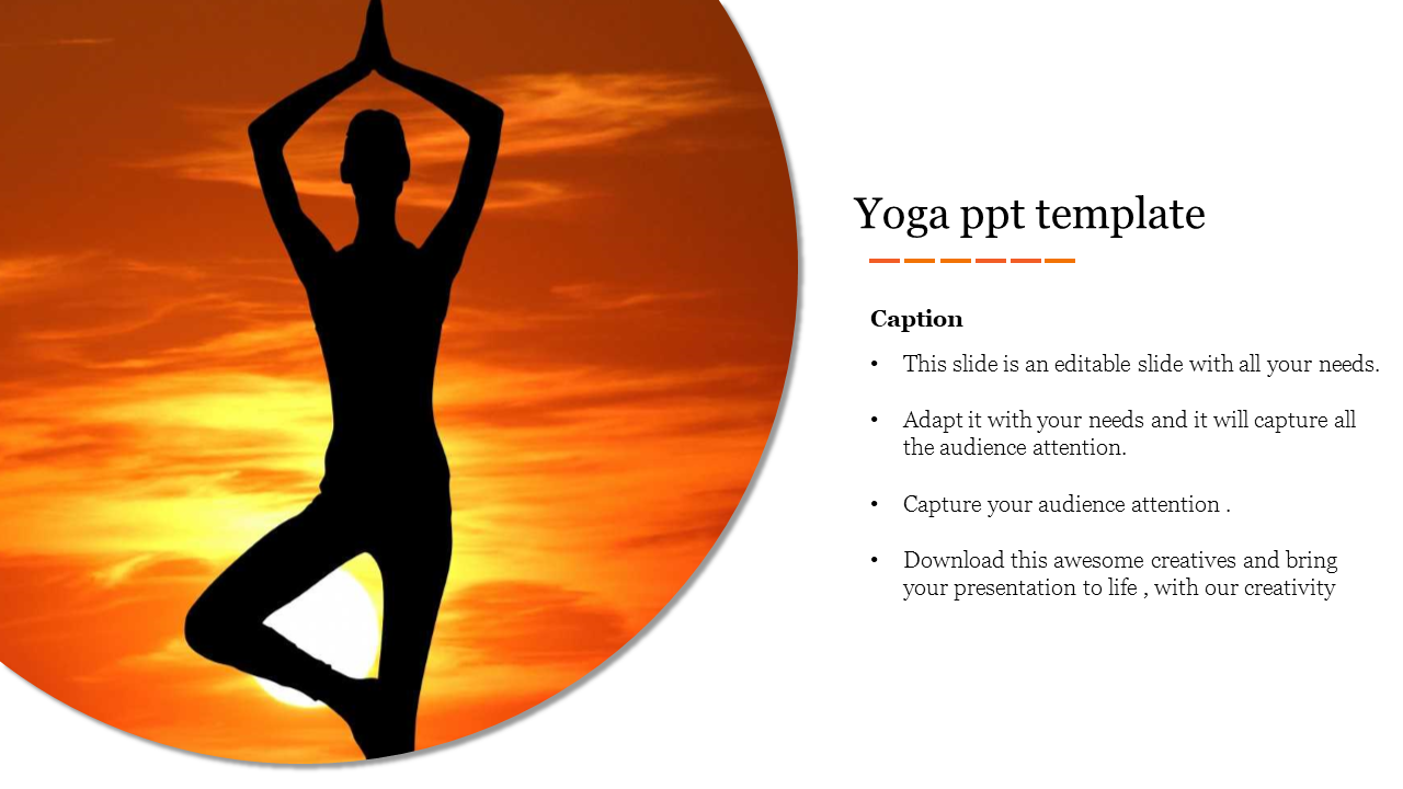 Silhouette of a person in a yoga pose against a vibrant sunset backdrop, alongside text caption.