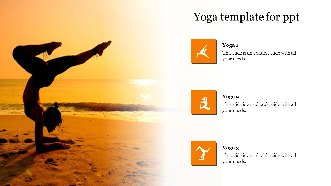 Yoga PowerPoint template featuring a person performing an advanced yoga pose on the beach, with text sections.