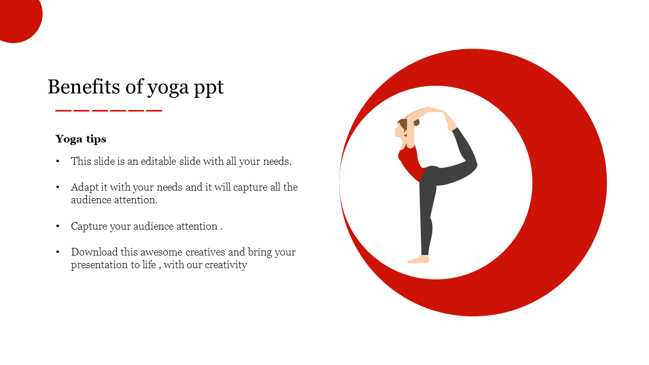 Illustration of a person in a yoga pose within a red circle, with tips listed on the left side in bullet points.