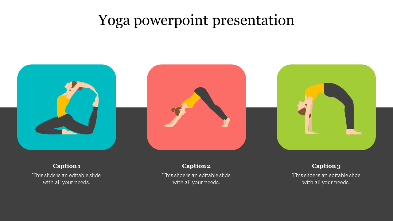 Icons of yoga postures displayed in blue, red, and green backgrounds with placeholder text areas under each pose.