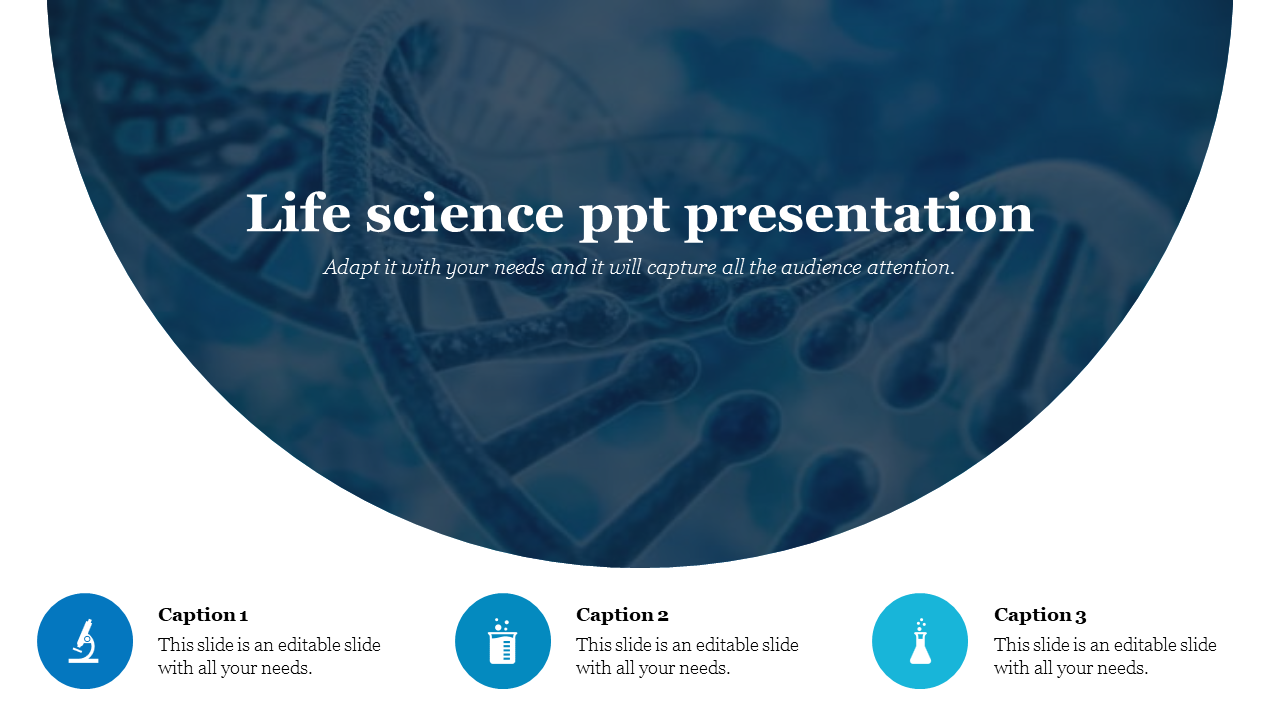 Life science slide with a blue-toned DNA helix in the background and three icons for lab equipment below.