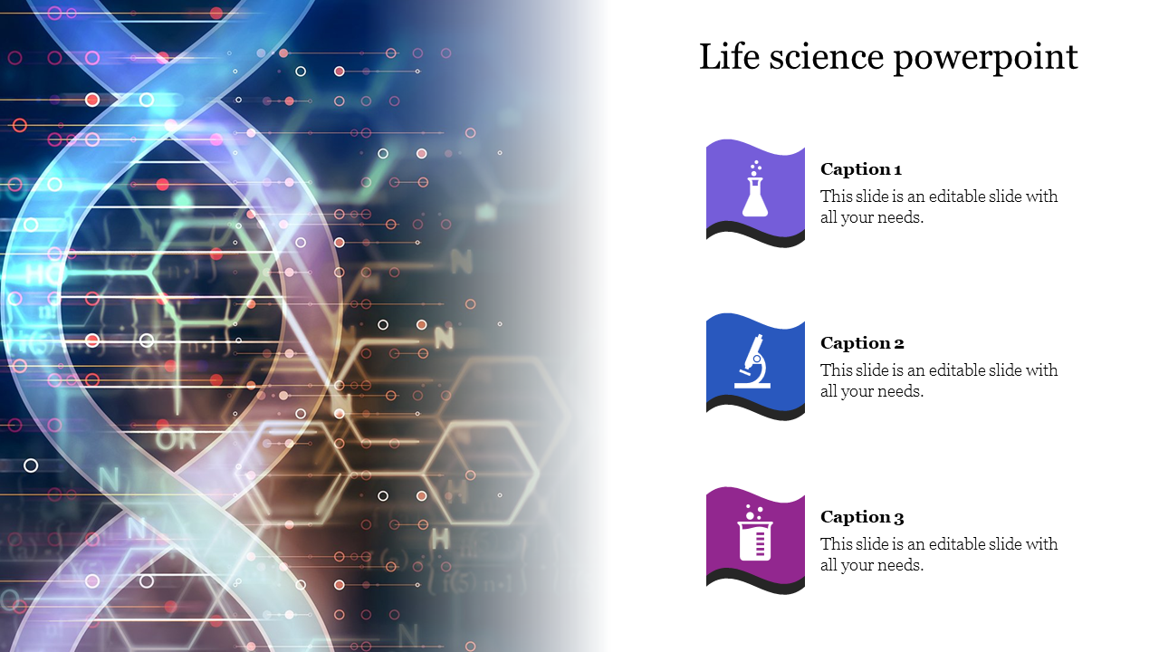 Slide with a DNA helix on the left in blue and purple hues, and three colored science icons and captions on the right.