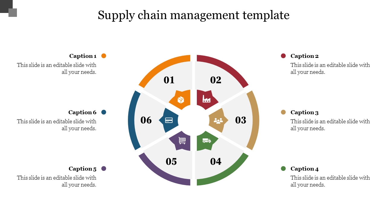 Supply chain management PPT template with a colorful circular design and six sections with captions and placeholder text.