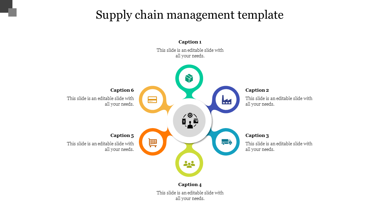 Supply chain management PowerPoint template featuring a circular layout with six steps, each highlighted with icons.