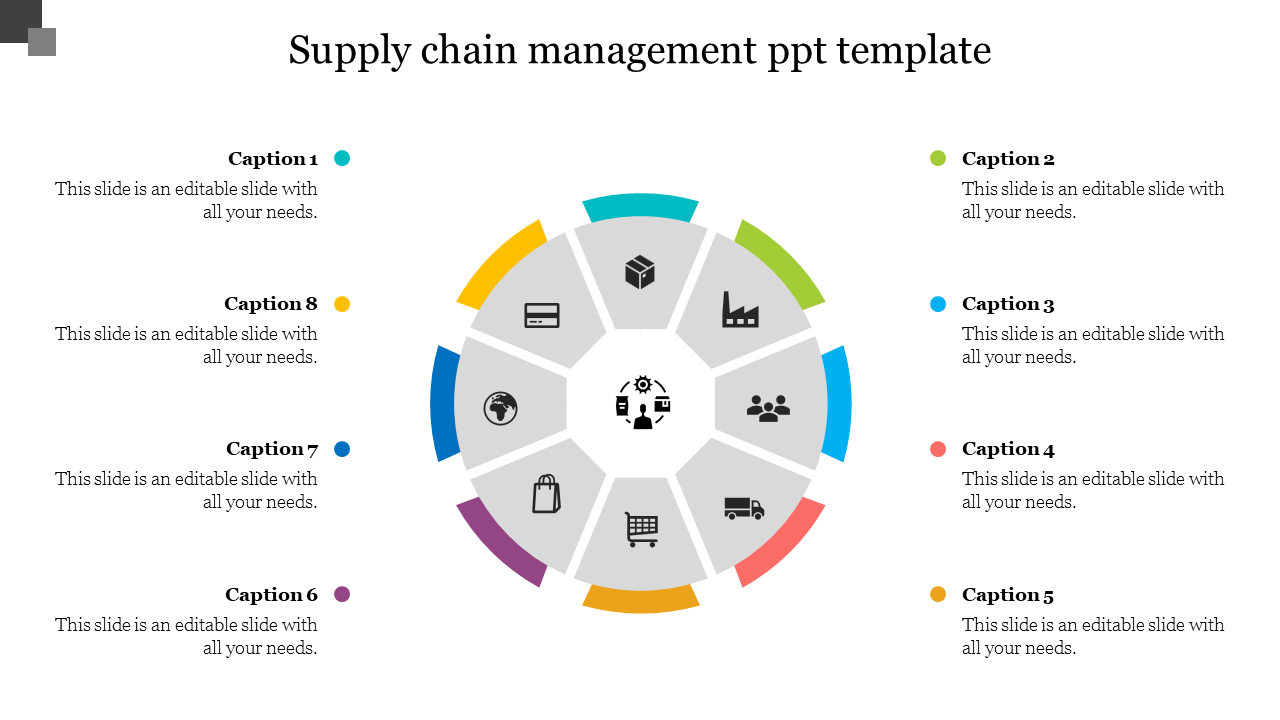 Supply chain management slide with a circular infographic displaying eight icons, each linked to color-coded caption areas.