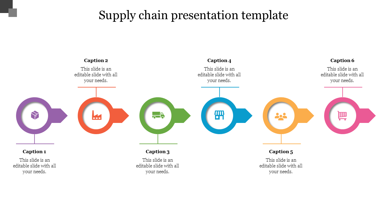 Supply chain process PPT template with six colorful icons and captions with placeholder text on a white backdrop.