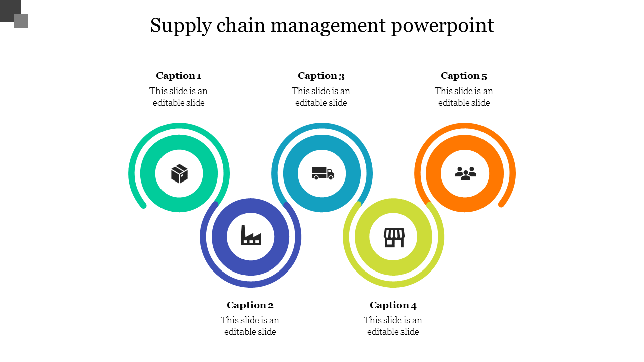 Supply chain management illustration with five vibrant circular icons denoting various process phases.