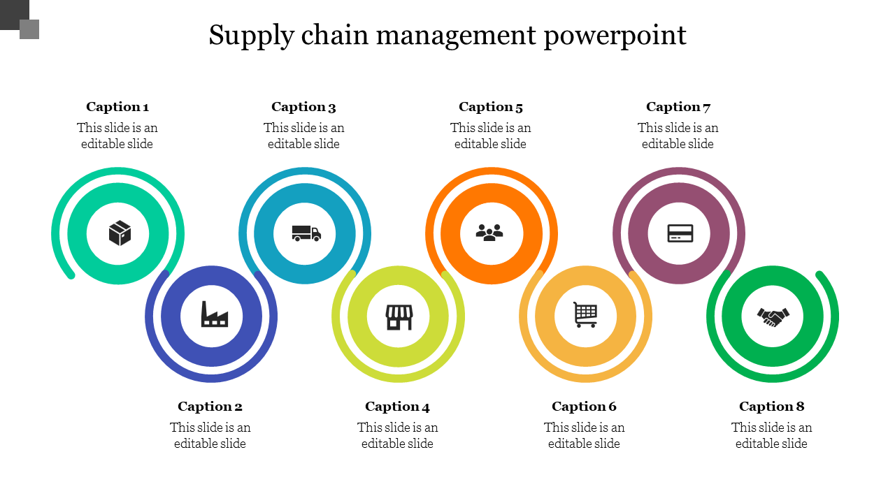 Supply chain management infographic with eight colorful circular icons representing different stages of the process.