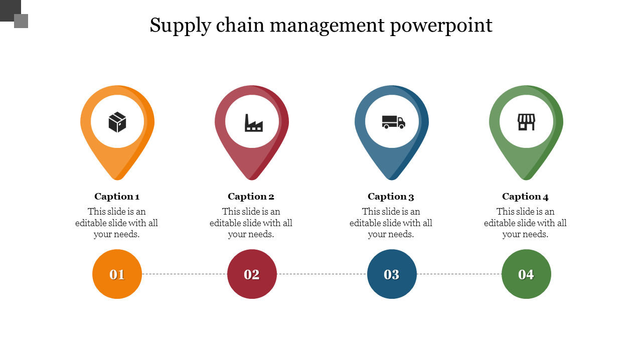 Supply chain process with location pin icons in orange, red, blue, and green, each representing a different stage.