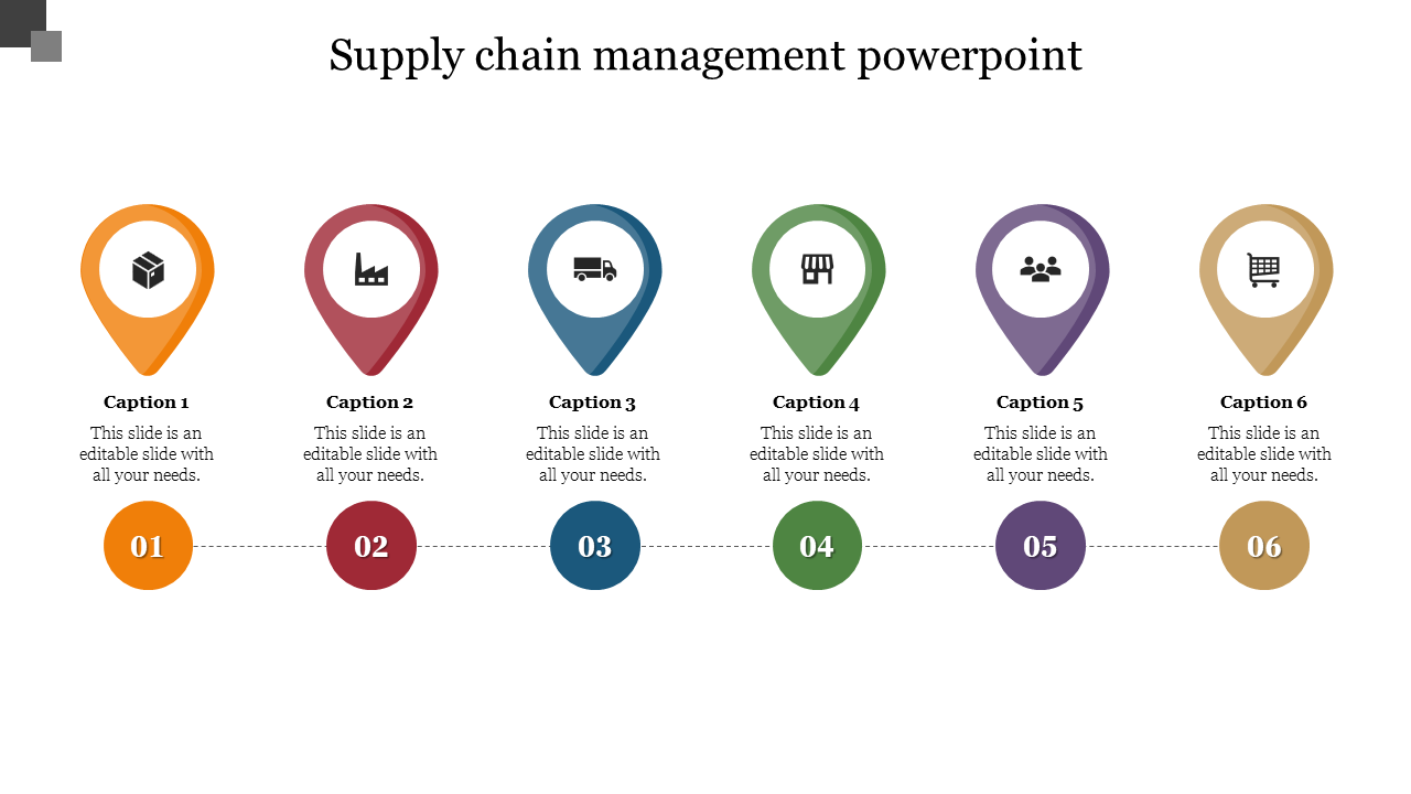 Supply chain slide with six colorful location pins, each with icons and captions, connected by numbered circles below.