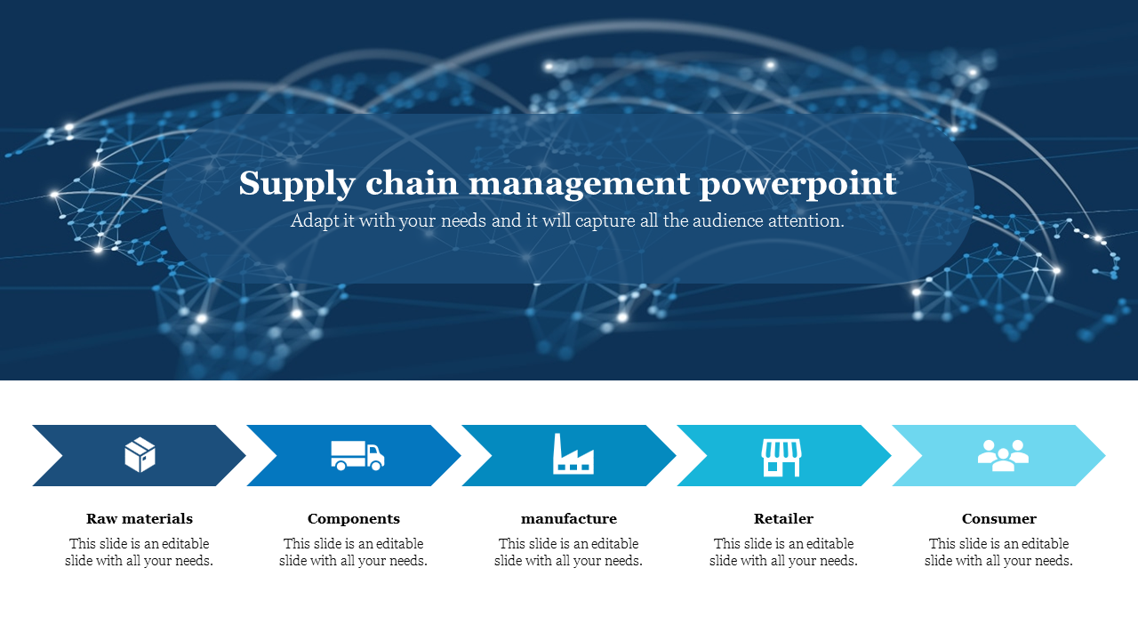 Slide with five blue arrows connected to icons representing supply chain steps, set against a dark blue network background.