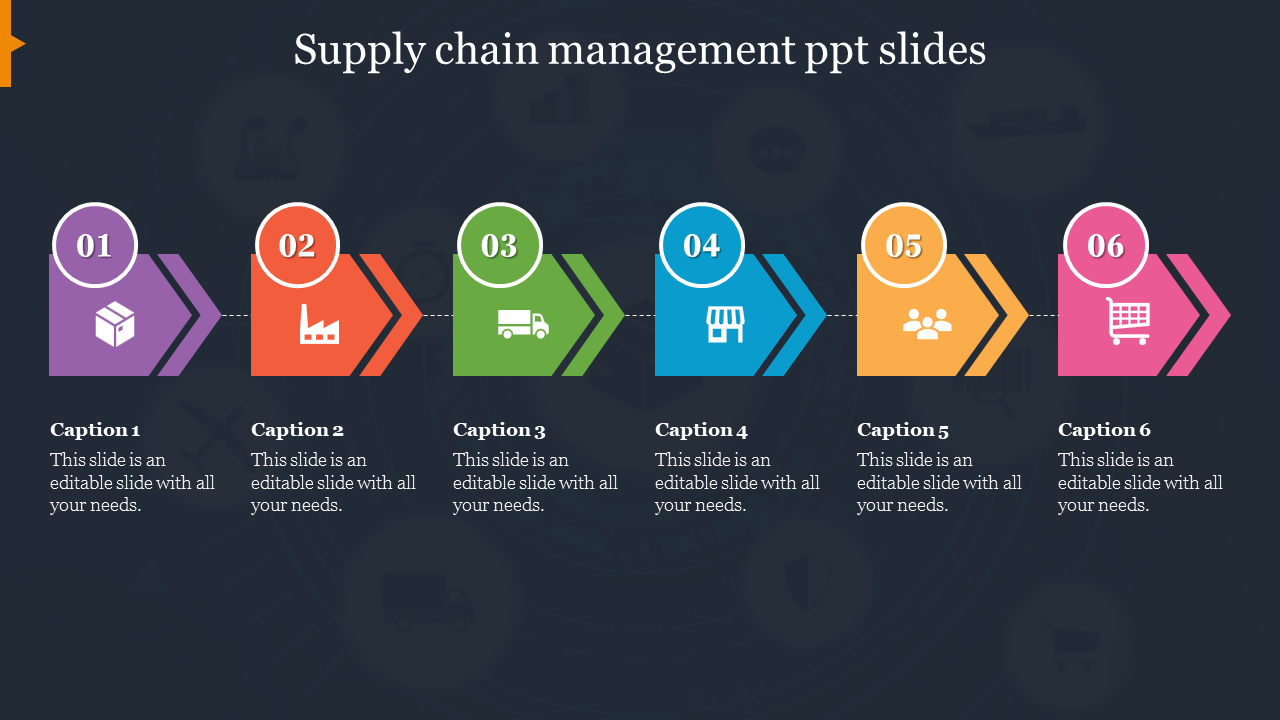 Supply chain management PPT slide with six colorful icons and captions with placeholder text.