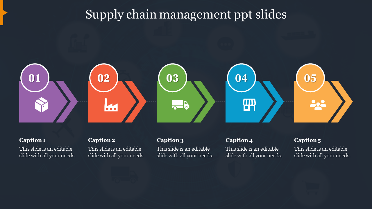 Supply chain management PowerPoint slide featuring a process flow with colorful arrows and captions.