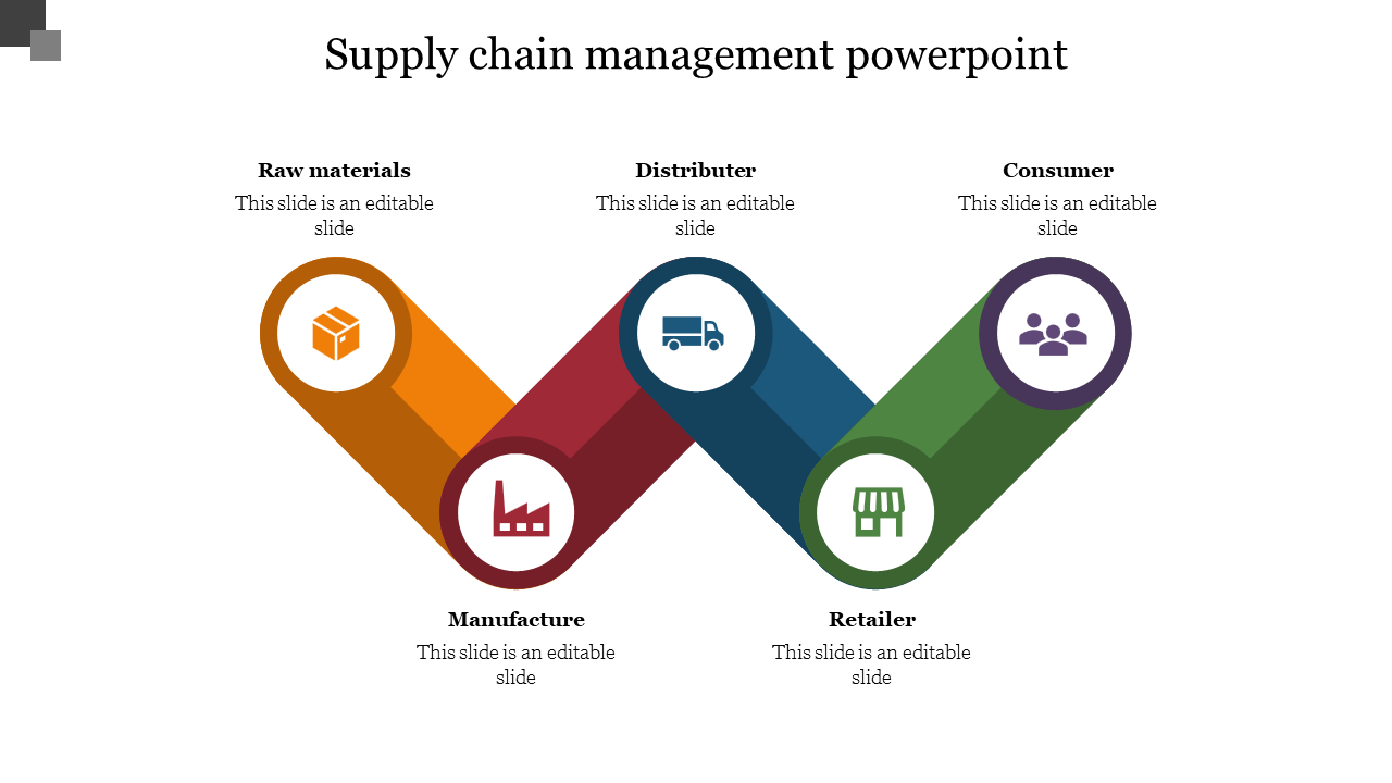 Supply chain slide with circular icons in orange, red, blue, green, and purple arranged in a zigzag pattern.