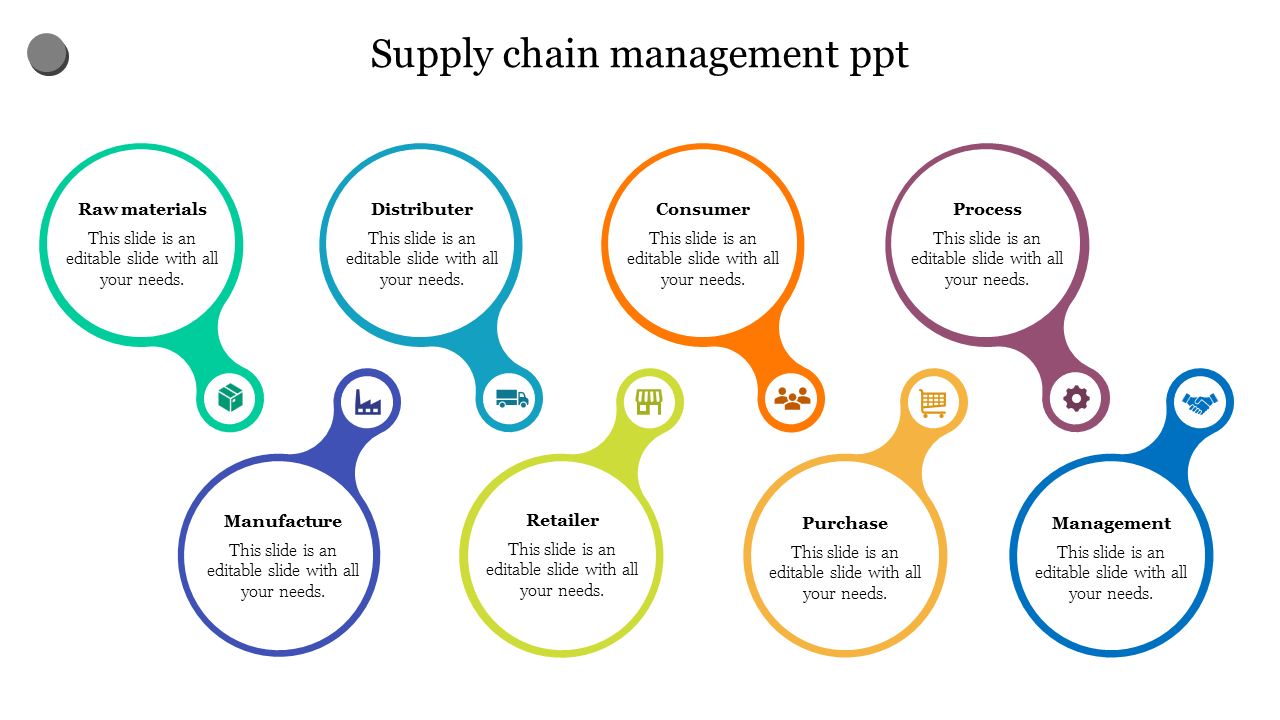 Colorful supply chain management slide with icons representing raw materials to management with placeholder text.