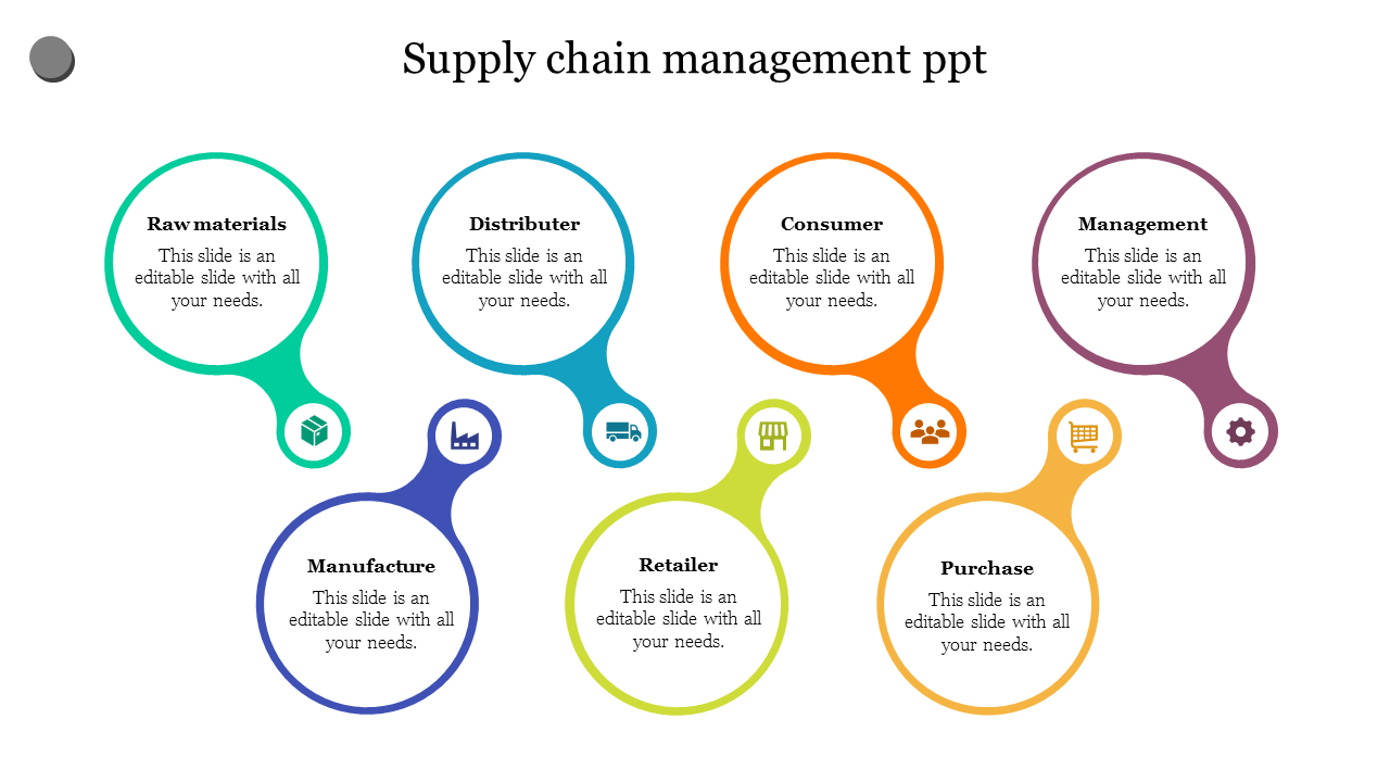 Colorful bubbles in teal, blue, orange, brown, purple, green, and yellow, with icons representing supply chain stages.