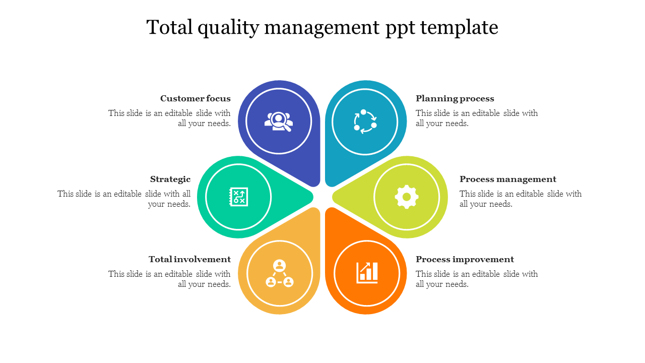 Circular infographic for total quality management, divided into six sections with icons and labeled processes.