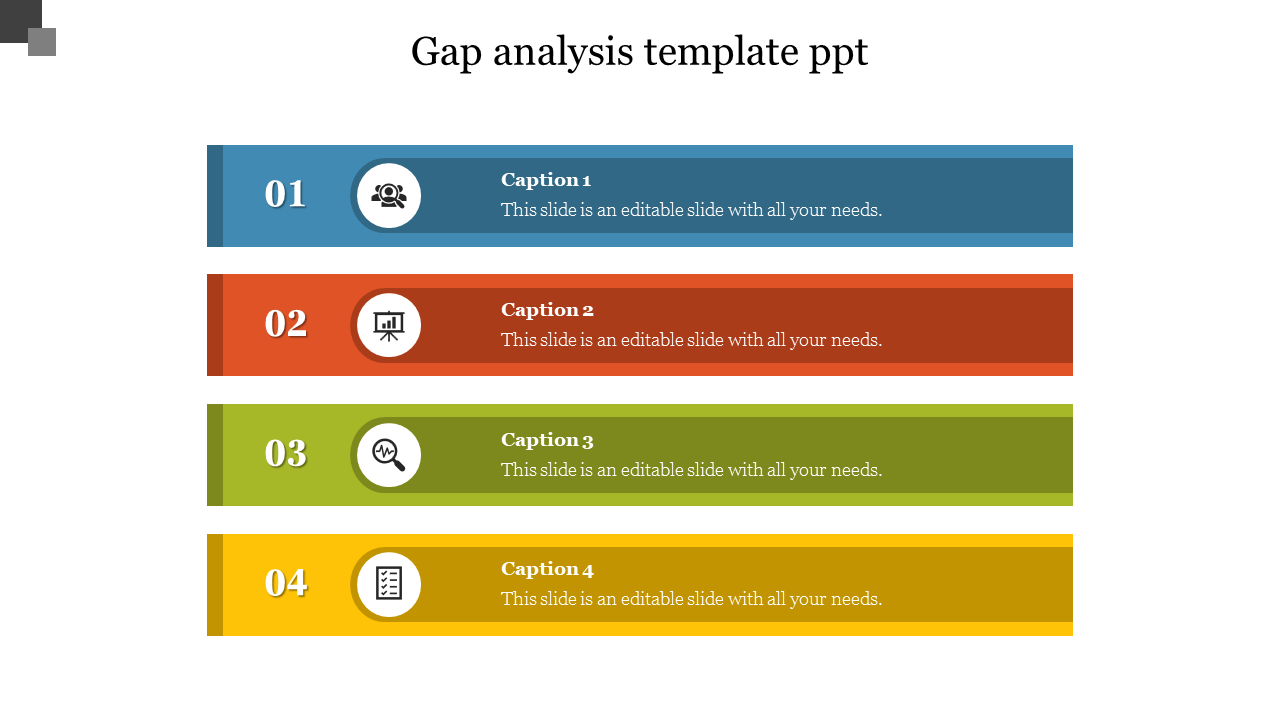 Gap analysis PowerPoint template with four colorful boxes featuring icons with placeholder text.