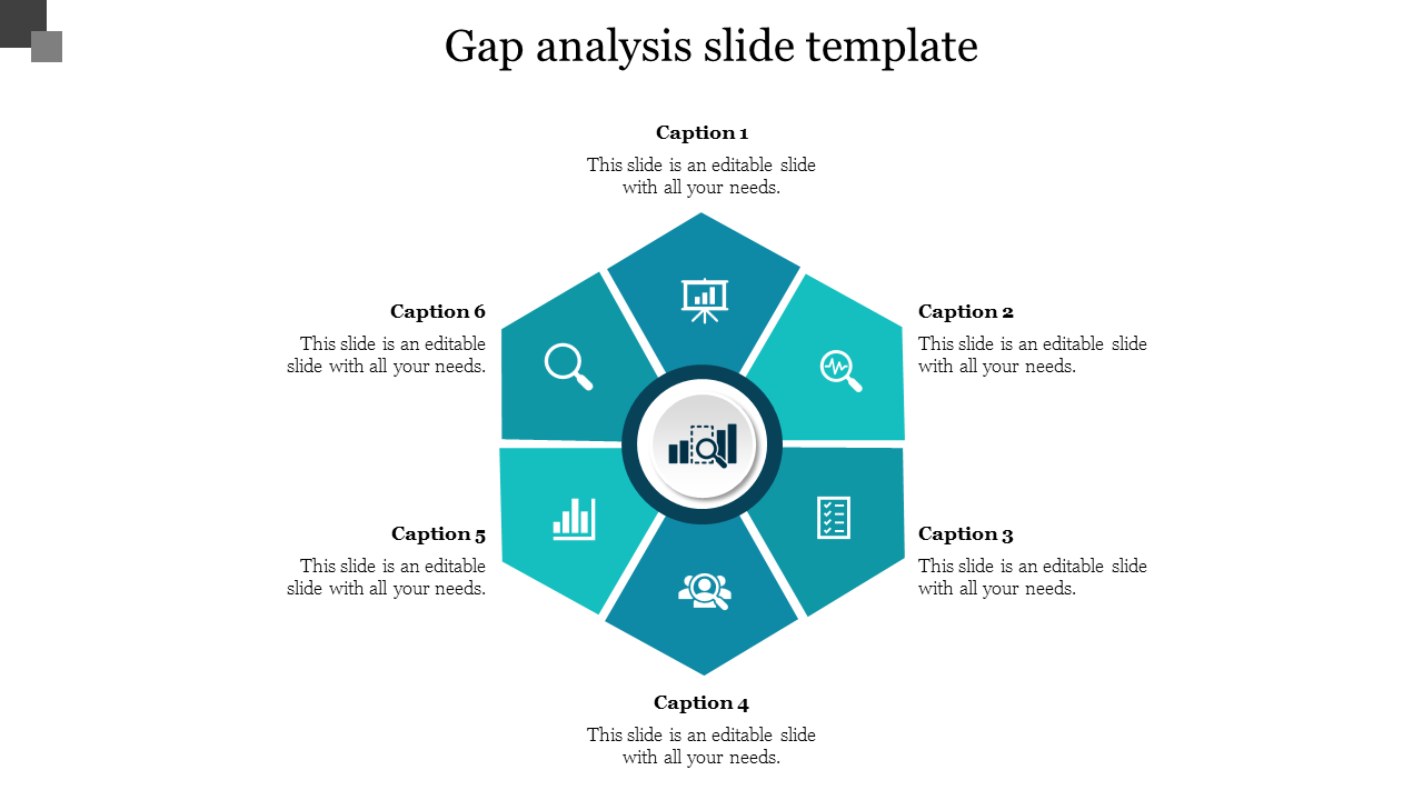 Hexagonal diagram with a central icon and six blue segments, each containing an icon and a caption area.