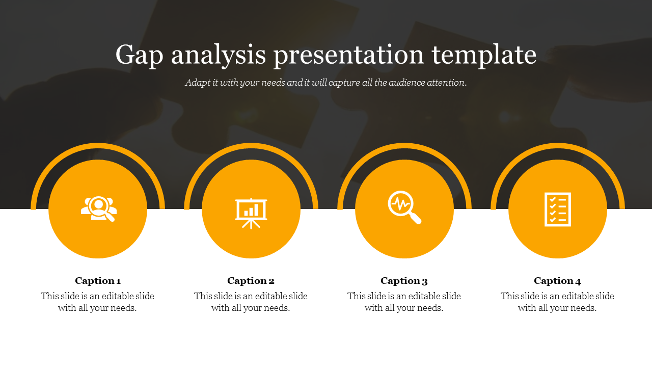 Gap analysis template with four circular icons representing key areas of analysis.