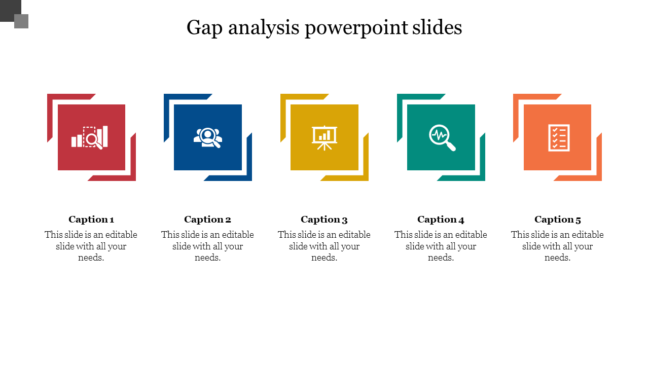 Gap analysis template showcasing colorful icons with captions.