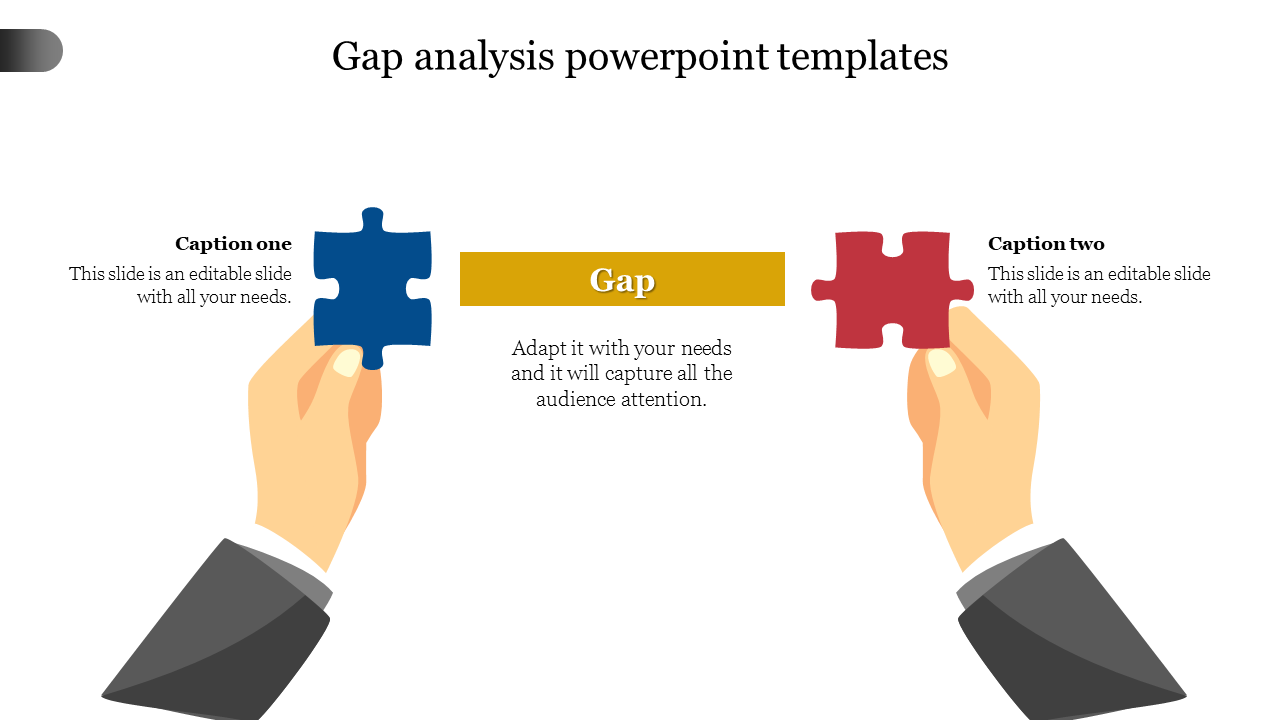 Visual representation of gap analysis using puzzle pieces held by hands, illustrating the concept of bridging a gap.