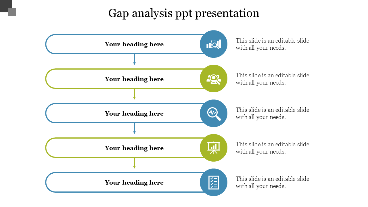 Slide with a series of colored horizontal boxes alternating in blue and green, with icons, each showing gap analysis steps.