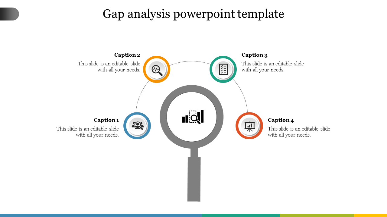 Gap analysis template with a central magnifying glass icon, surrounded by four colored circles with icons and caption areas.