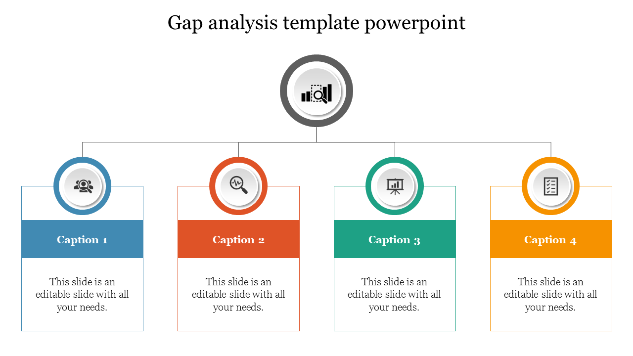 Gap analysis template in multi colour with four connected sections, each featuring icons and caption areas.