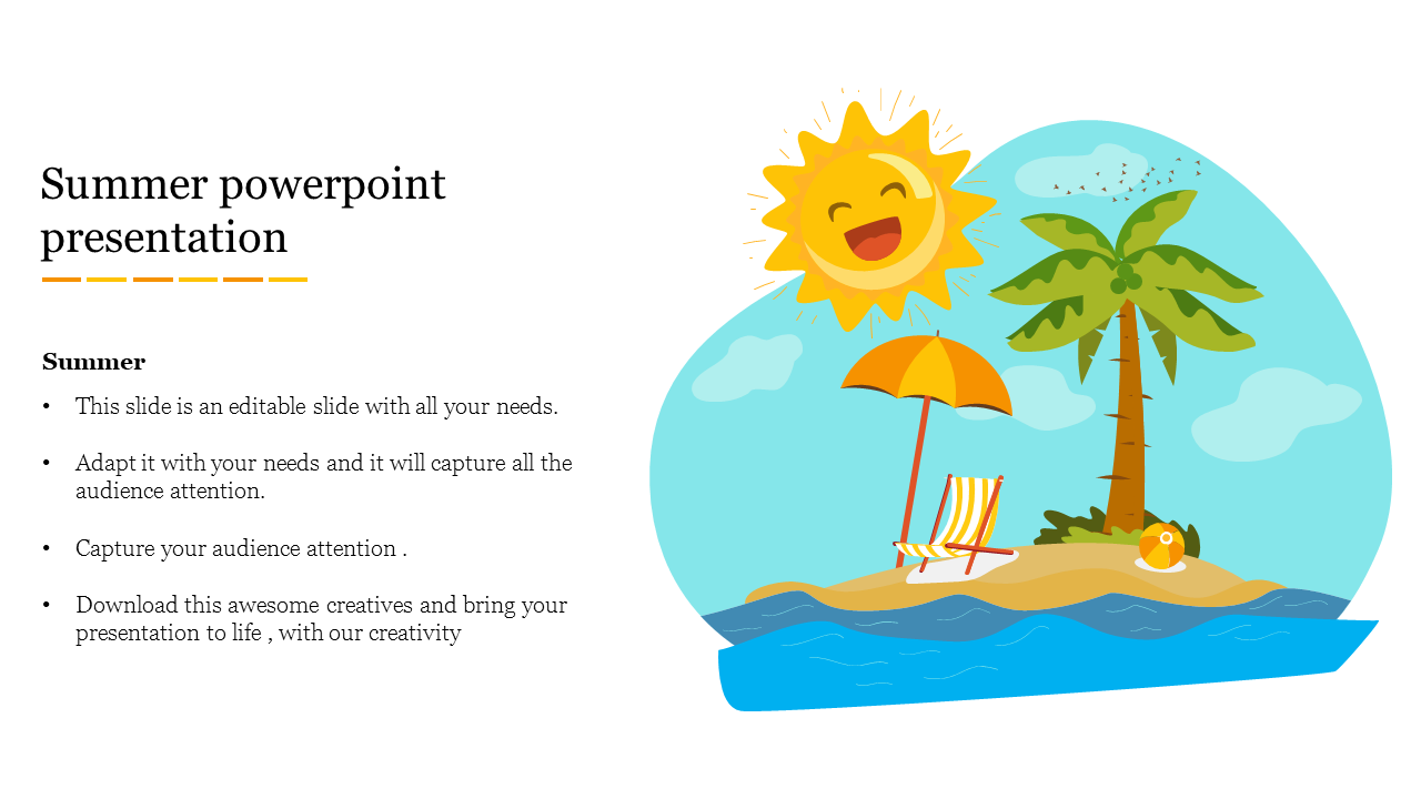 Summer themed slide featuring a bright sun, beach scene, palm trees, and a lounge chair with an umbrella and text area.