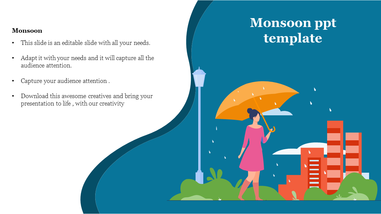 Monsoon slide with an illustration of a woman holding an umbrella in the rain on a blue backdrop, and text content.